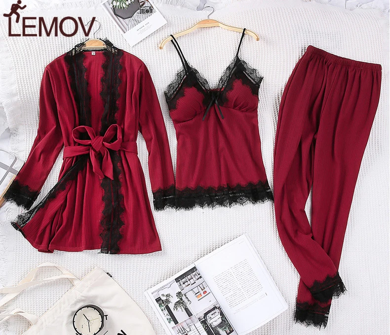 Лемова 3 шт. Пижама Женский с длинным рукавом пижама нарядное платье для Для