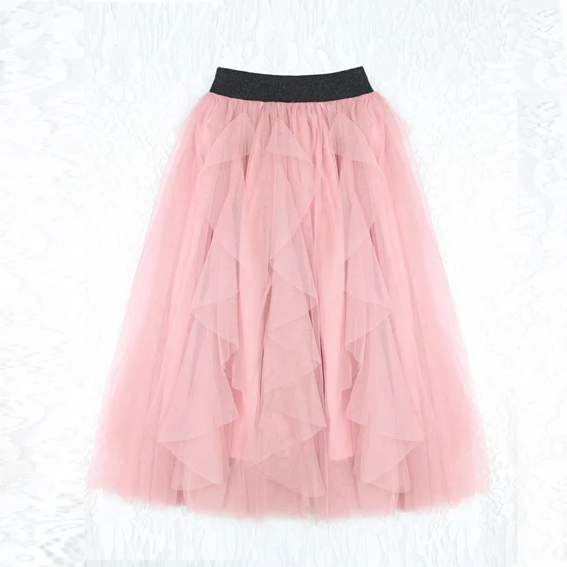 

New 2-14T Girls Pink Tutu Skirt Kids Children Princess Long Ruffle Skirts Cotton Lining Mesh Pleated Pettiskirt