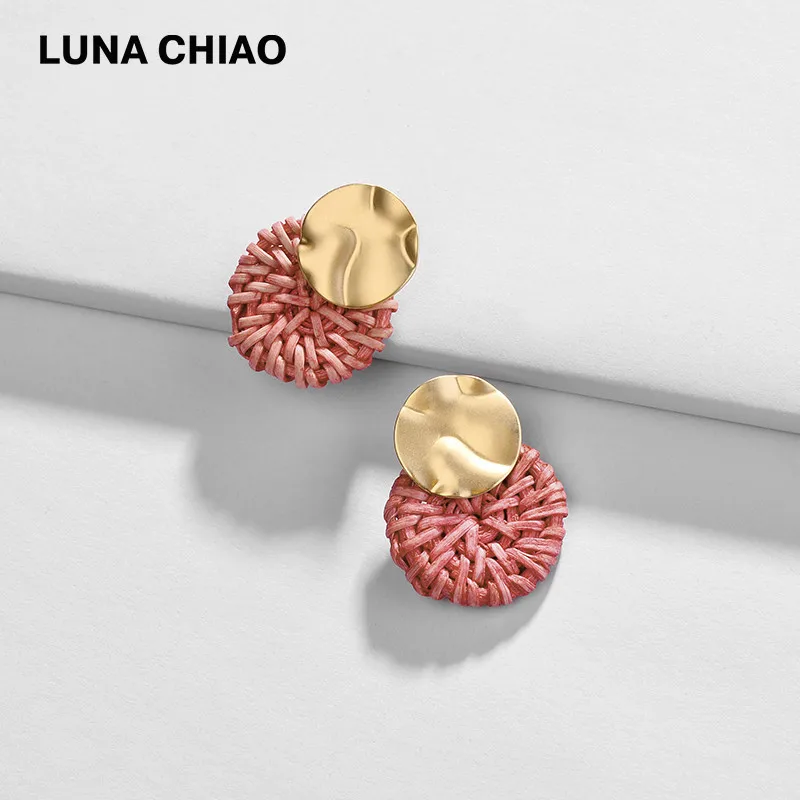 Женские круглые вязаные Серьги-пусеты LUNA CHIAO крашеные серьги-Пусеты Из Ротанга