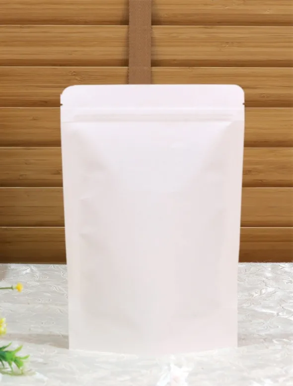

100pcs Stand up White Paper Foil Ziplock Bag Coffee Beans/Powder Snack Cookie Tea Packaging Paper Storage Zip Bag White Pouches