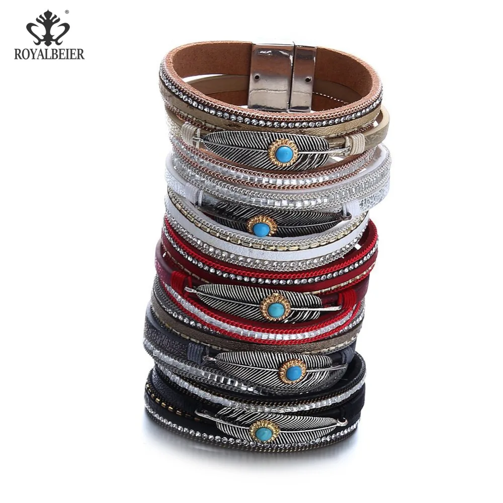 RoyalBeier 1pc Leather Women Bracelets Metal Leaf Decorated Rhinestone Bangles Bracelet Statement Vintage Jewelry | Украшения и