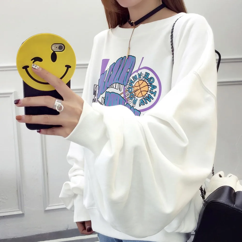 Harajuku женские осенние худи мультфильм печатных пуловер длинные рукава с круглым