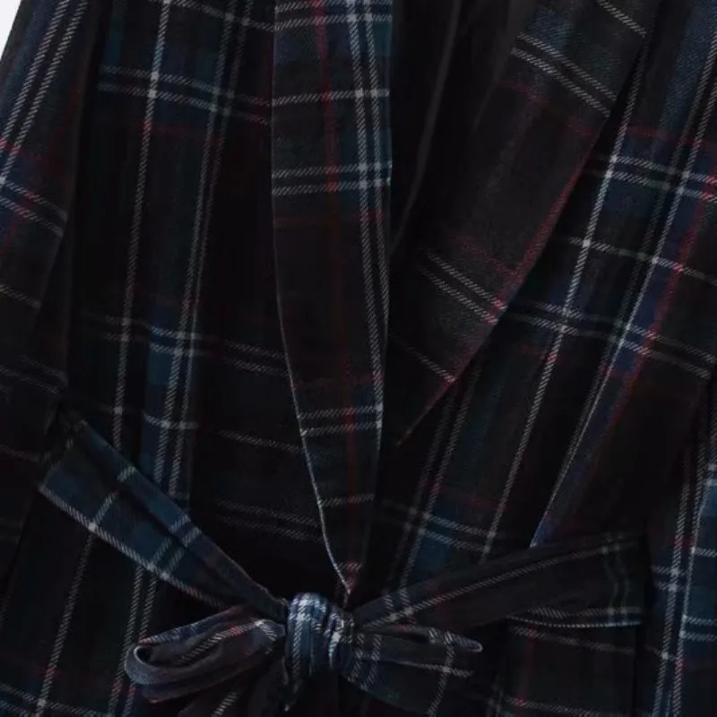 Women Velvet Checked Blazer Elegant Plaid Coat Long Sleeve Bow Tied Belt Female Outerwear Office Ladies Work Suit Tops | Женская одежда