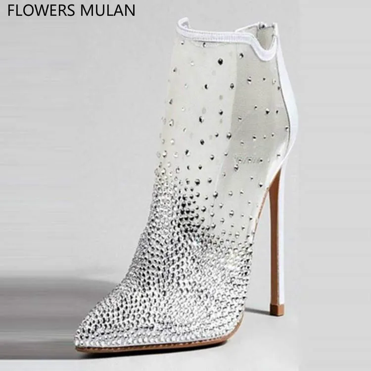 Luxury Bling Crystal Mesh Upper High Heels Shoes Woman Pointed Toe Back Zipper Spring Autumn Boots Fashion Brand Stilettos | Обувь
