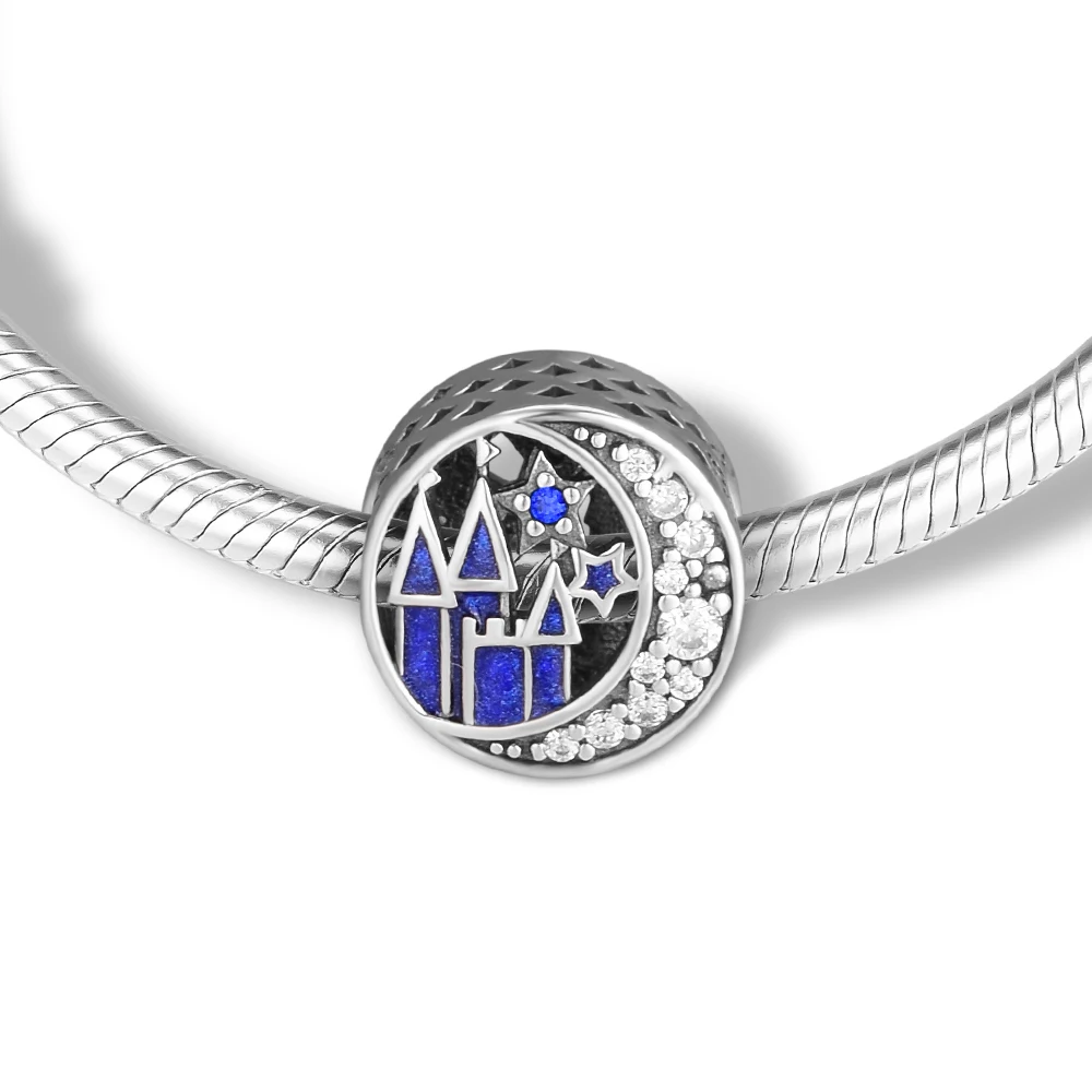 CKK 925 Sterling Silver Vintage Night Sky Castle &amp Moon Charm Fits Pandora Bracelet Necklace Women joyeria Midnight Blue Enamel |