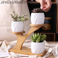 1 set ceramic owl garden pots modern decorative nursery succulent plant pot 3 bonsai planters with 3 tier bamboo shelf