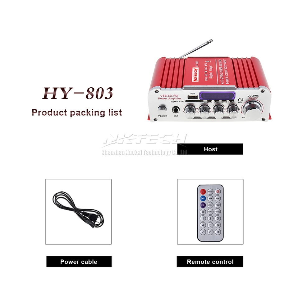 NKTECH HY-803 усилитель Bluetooth Автомобильный цифровой аудио плеер 2x41 Вт Hi-Fi стерео бас USB SD MP3 DVD FM DSP DC12V 220-240 В - Цвет: Red-Without-Adapter