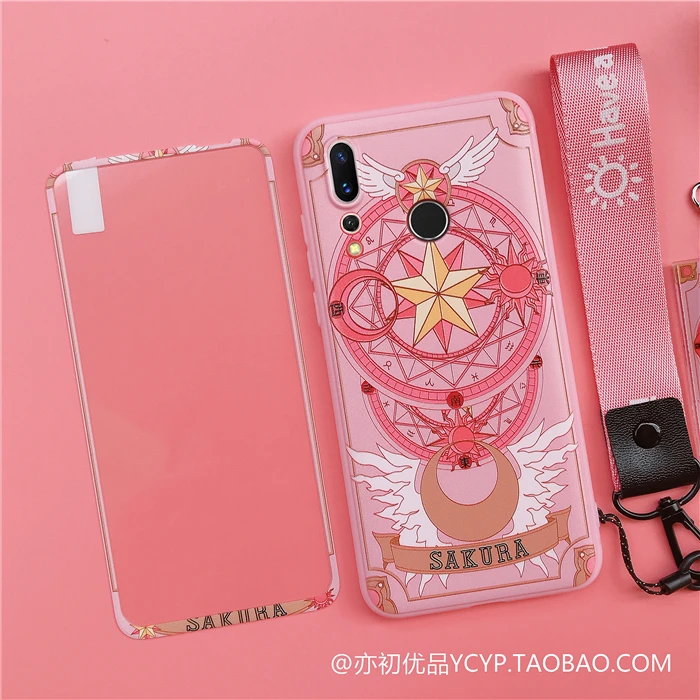 Nova 5 5i Cute Cardcaptor Sakura Case +Tempered Glass Screen film case for Huawei Nova4 / Nova4E 3 3E 2S with straps |