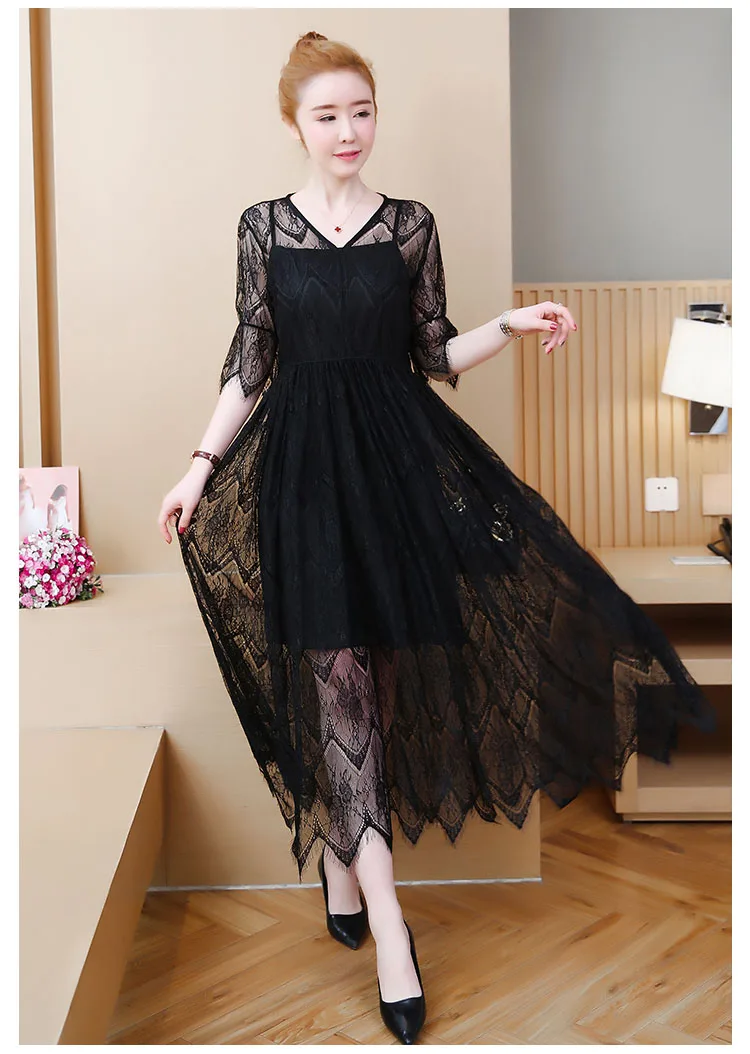 Moda mujer, летние платья размера плюс для женщин, 4xl, 5xl, 6xl, большие размеры, черное кружевное элегантное платье, уникальное женское винтажное платье