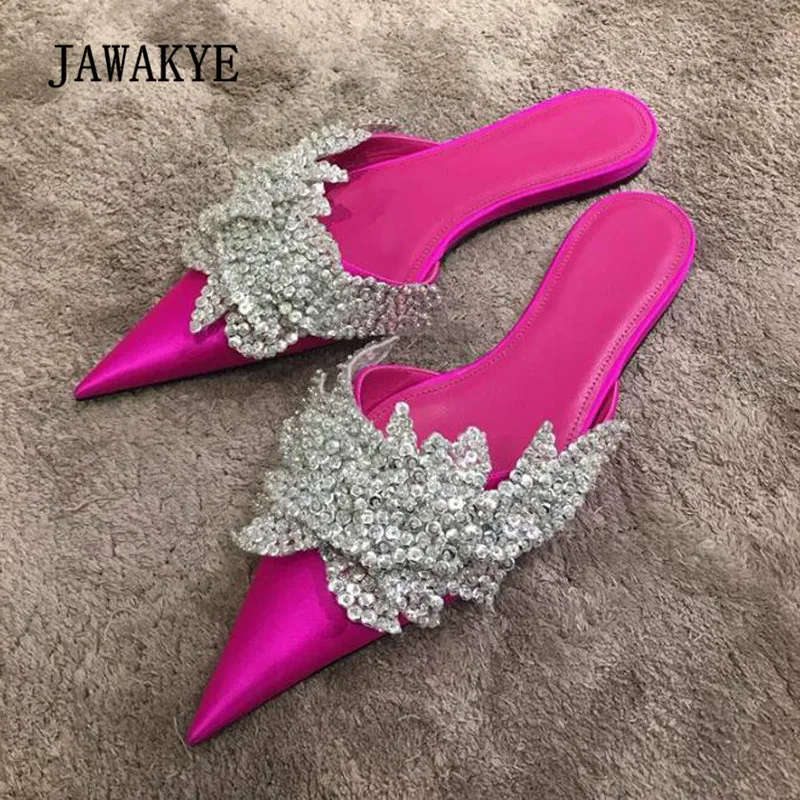 Роскошные Сатиновые шлепанцы со стразами и цветами женские розовые красные