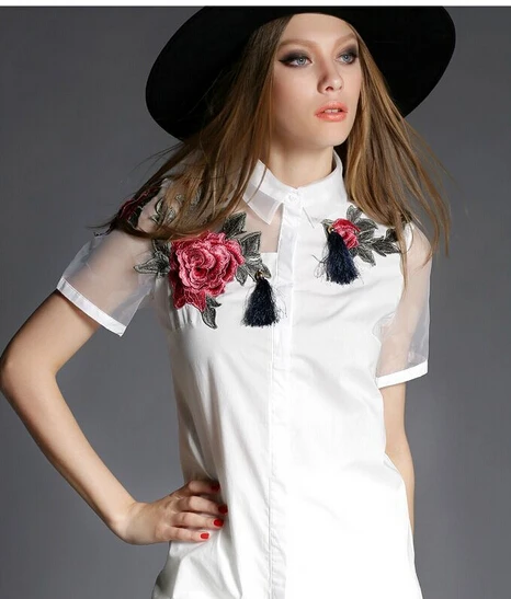 

1pcs/lot Casual Short Sleeve Long Blouse Embroidered flower Organza Splicing long white Blouse 4sizes