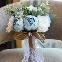 janevini ins vintage blue flowers wedding bouquet for bride red pink artificial peony silk flower bridesmaid lace hand bouoquets
