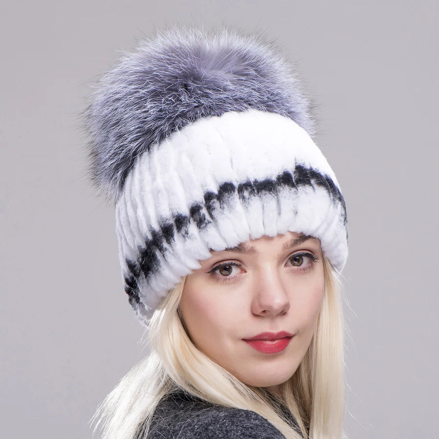 ZDFURS* зимняя меховая шапка для взрослых из кролика рекс для женщин с лисьими помпонами, вязаные шапки-бини, новые Брендовые повседневные Шапки хорошего качества