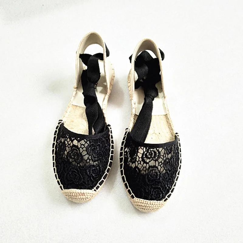 Black Lace L49 Женские сандалии на плоской подошве; эспадрильи; женская обувь; коллекция года; летняя повседневная обувь; лоферы; женские сандалии с ремешками на лодыжках; обувь из сетчатого материала; белая пеньковая обувь - Цвет: Black Lace L49