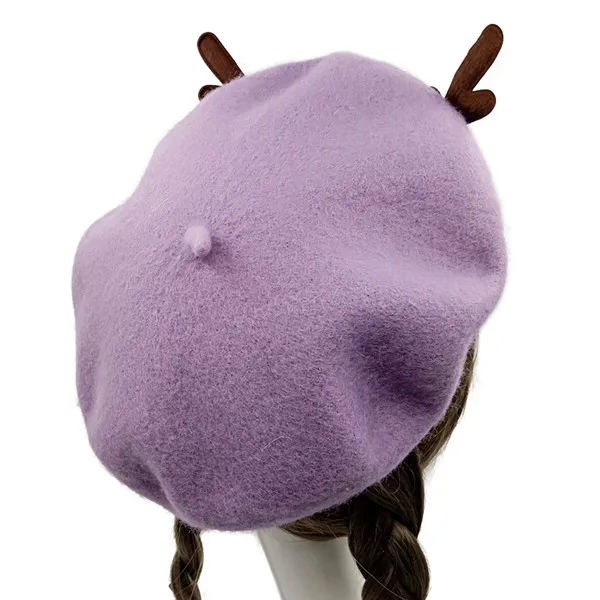 purple Весенне-Зимние береты для девочек, шапка с милым оленем, шерстяные береты для женщин с бантом, шапка в стиле художника, женская шапка, теплая прогулочная шапка, рога - Цвет: purple