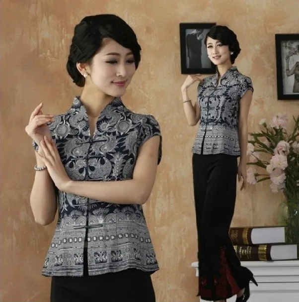 Новая модная синяя китайская женская одежда хлопковые блузки рубашки топы - Фото №1