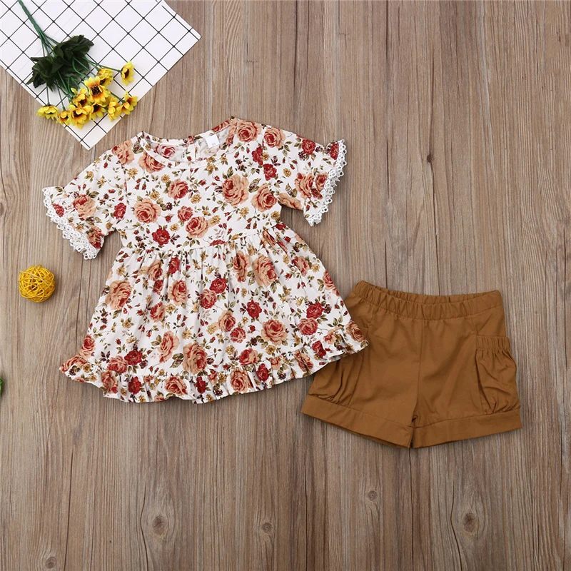 Комплект летней одежды для новорожденных девочек из 2 предметов, Boho, кружевной топ с цветочным принтом, платье-пачка, шорты, штаны, От 2 до 5 лет