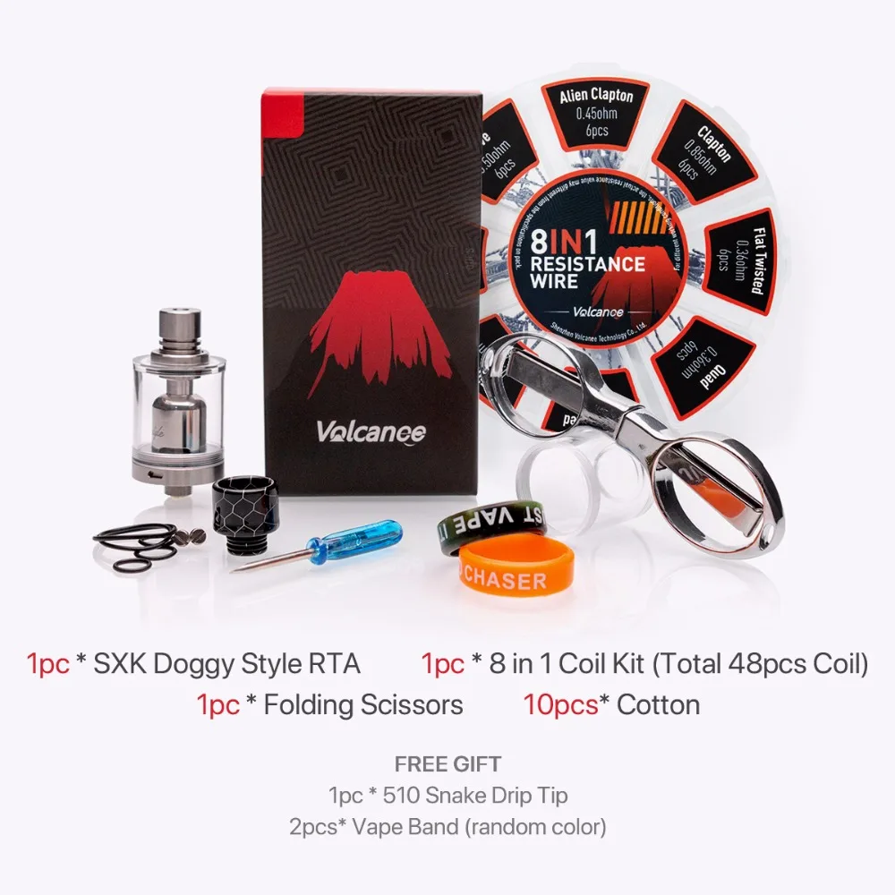 Volcanee SXK Doggy Style RTA Snake Drip Tip 510 with 8 in 1 Coil Cutting Scissors Organic Cotton Silicone Band for Vape E Cig |