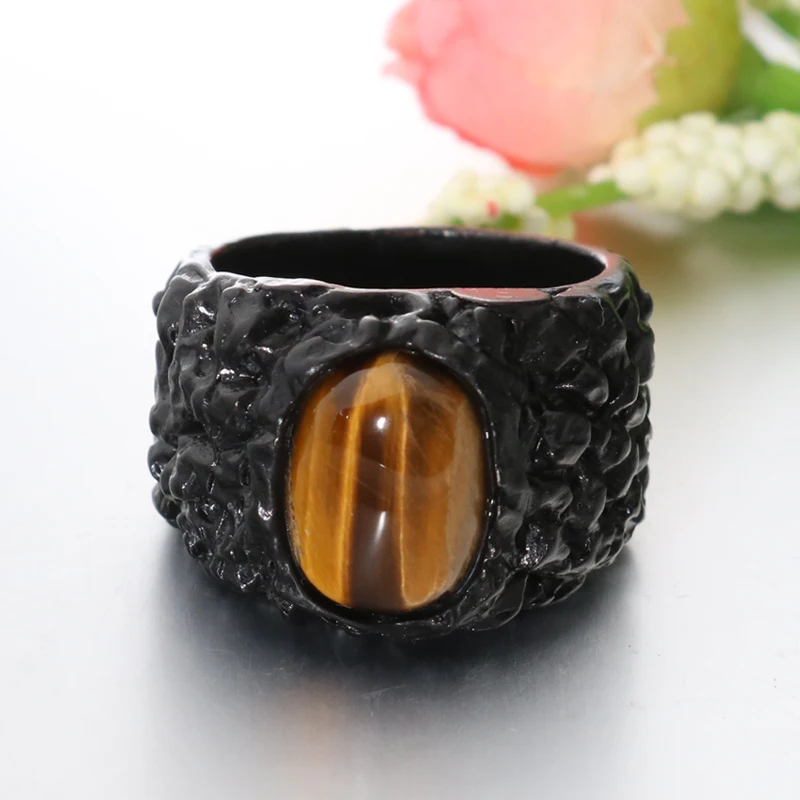 New black anti-black rock shape ring men's domineering personality fashion high quality jewelry crystal tiger eye stone wedding |