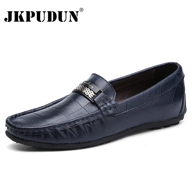 Blue JKPUDUN/Мужская обувь из натуральной кожи; Роскошные брендовые лоферы; коллекция года; итальянская дизайнерская мужская обувь; повседневные Черные Мокасины без застежки; большие размеры - Цвет: Blue