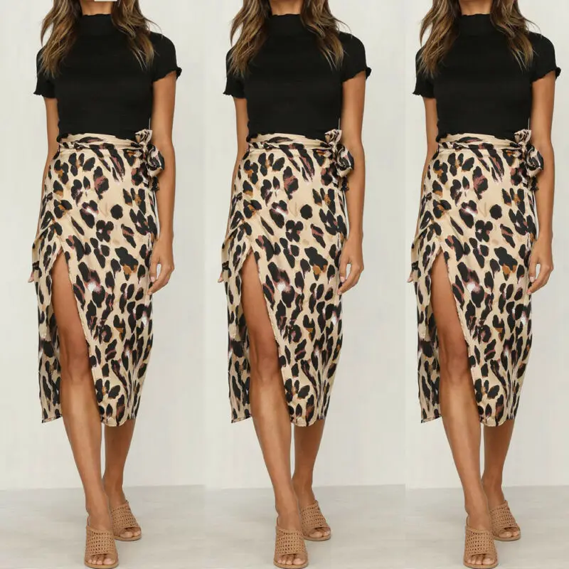 

Hot Sale Women Leopard Print High Waist Skirt Sexy Bandage Split Fashion Cocktail Club Midi Skirt OL Ladies Leopard Skirt