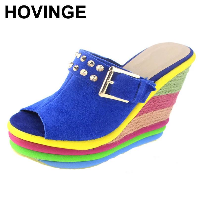 

HOVINGE Sandalias Plataforma Summer Shoes Woman Bohemia Rainbow High Heel Slip On Peep Toe Platform Wedges Sandals Womens