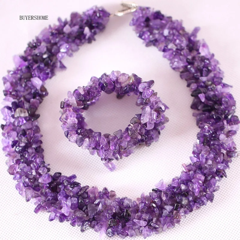 Amethyst Женский комплект ювелирных изделий неправильной формы чип бусины натуральный камень говлит гранат оникс флюоритовый кварц Кристалл Опал ожерелье браслет - Окраска металла: Amethyst