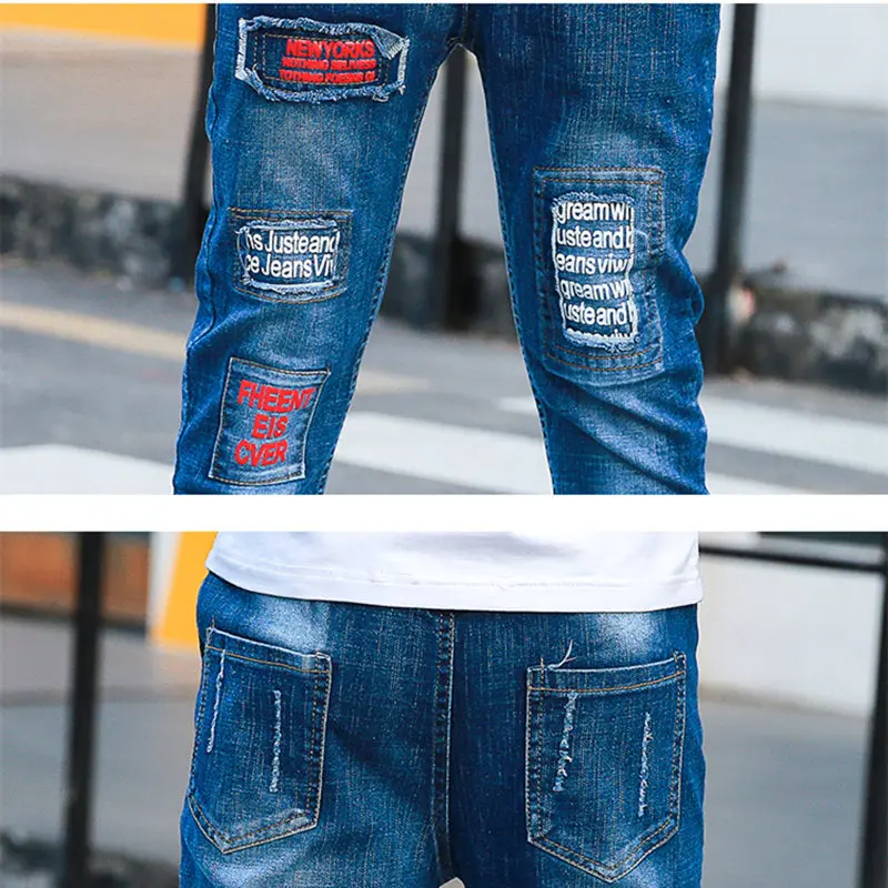 Джинсы для подростков рваные джинсы с нашивками мальчиков детские штаны брюки