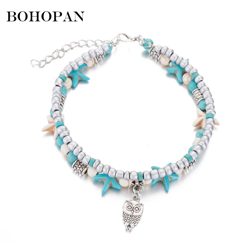 

Bohemia Beads Silver Chain Anklet Women Personalise Starfish Owl Shape Anklets Sandal Beach Foot Jewelry Accessories Gift Bijoux
