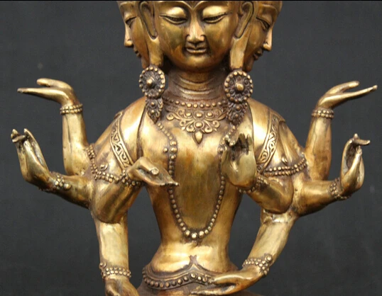 JP S0524 18 "Тибет Бронзовый Свинка 4 Головы 8 Руки Namgyalma и Ushnishavijaya Статуя Будды