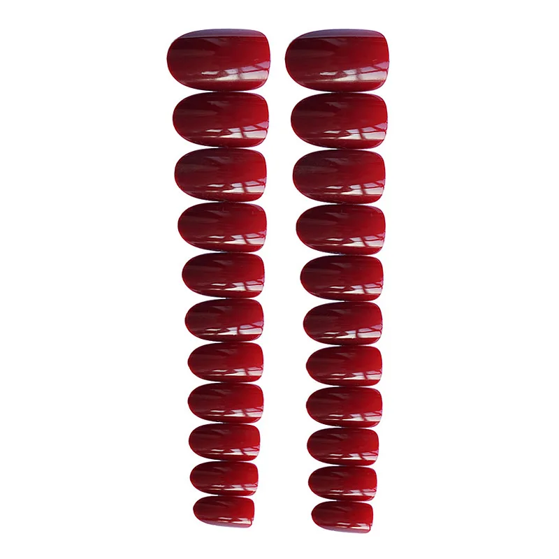 24pcs/Set Gorgeous Wine Red False Nails With Glue Middle Long Round Head Full Nail Tips Finished Fake Nail artificial nails