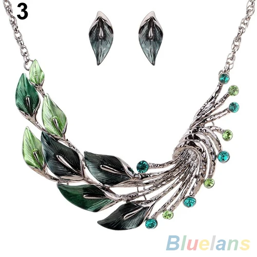 Retro Tibetan Leaf Peacock Crystal Rhinestone Drop Earrings Short Necklace Set 1C2U | Украшения и аксессуары