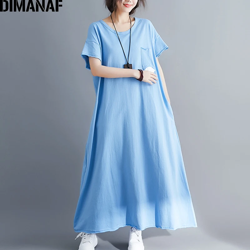DIMANAF женское платье большого размера, хлопковое женское платье Vestidos, одежда свободного покроя, женское длинное платье макси, одноцветное летнее платье