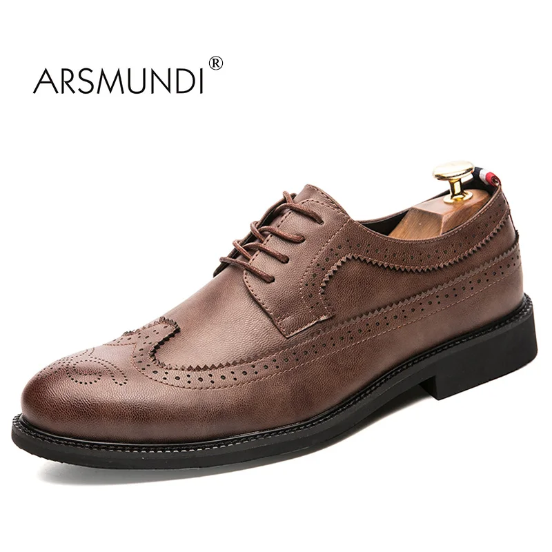 ARSMUNDI Men Dress Shoes Brogue Genuine Leather Black Fashion Business 2017 Lace Up Casual 92-9A216 | Обувь