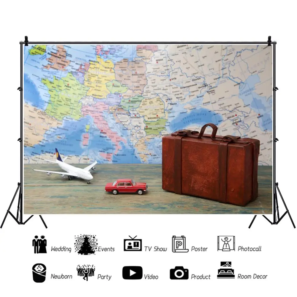 Laeacco Фото фоны детская карта мира старый чемодан детские игрушки Вечеринка
