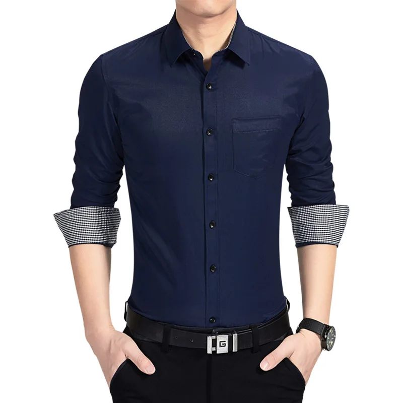 606 dark blue Повседневная официальная Мужская рубашка с длинным рукавом, деловая облегающая офисная рубашка, мужская хлопковая белая рубашка 4XL 5XL - Цвет: 606 dark blue