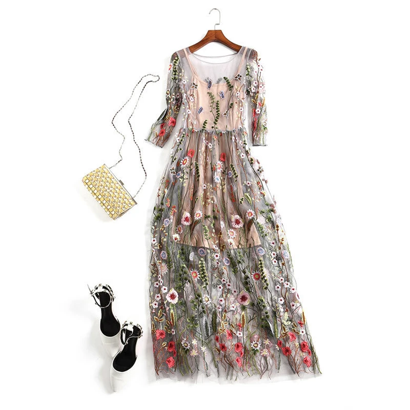 IUURANUS Vintage Embroidery Dresses Floral Bohemian Flower Embroidered 2 Pieces Boho Mesh For Women Evening Party Dresse Женская