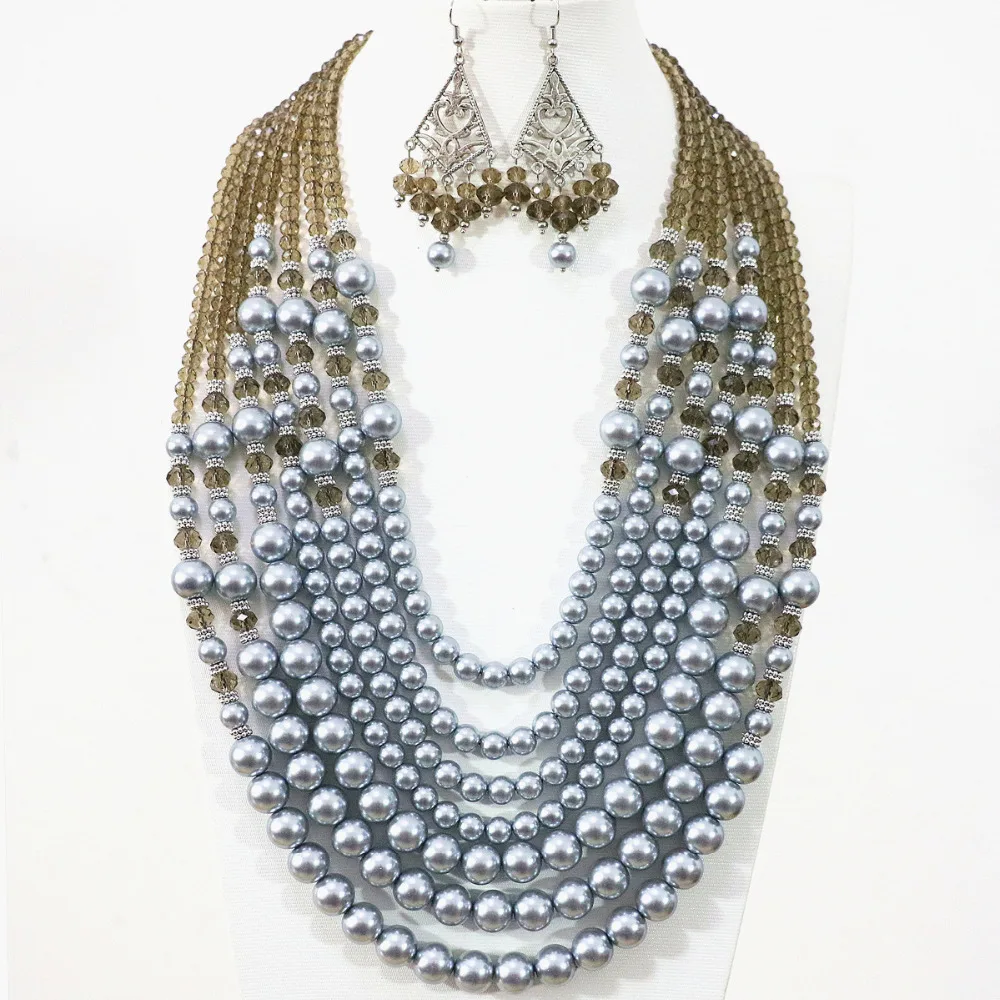Свежий серый 7 рядов Элегантное ожерелье серьги круглая искусственная раковина