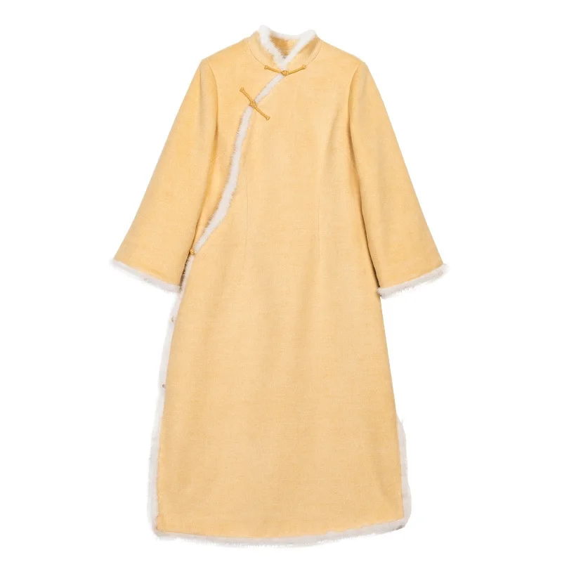 Традиционное китайское платье Женское зимнее Ципао ханьфу вьетнамское желтое