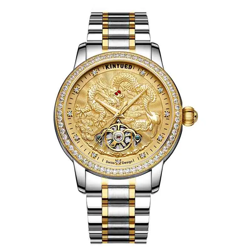 Gold Silver KINYUED модные автоматические механические часы, мужские водонепроницаемые светящиеся дизайнерские часы с драконом, мужские спортивные часы с турбийоном, мужские - Цвет: Gold Silver
