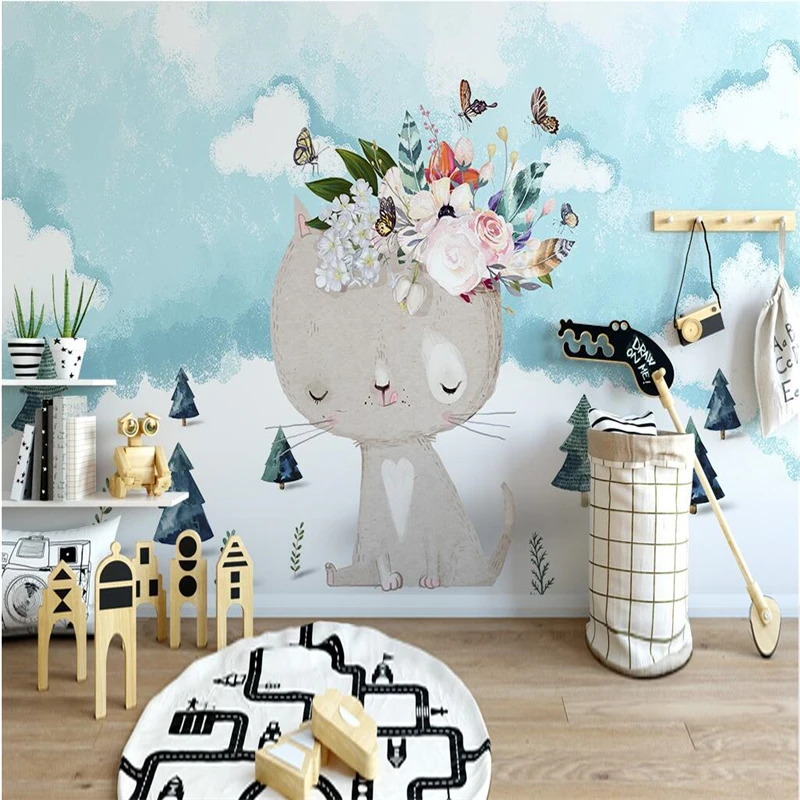 

beibehang Custom Mural Wallpaper Modern Style Simple Cartoon Kitten Flower Children Room TV Background Wallpaper Home Decor