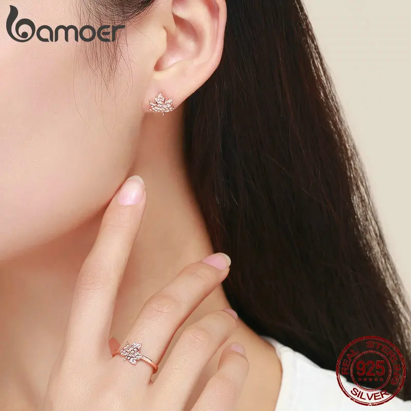 BAMOER, настоящее 925 пробы, серебро, кленовые листья, лист, кольцо, чистый Фианит, серьги-гвоздики, Женский комплект украшений, серебро 925, ювелирное изделие, ZHS077