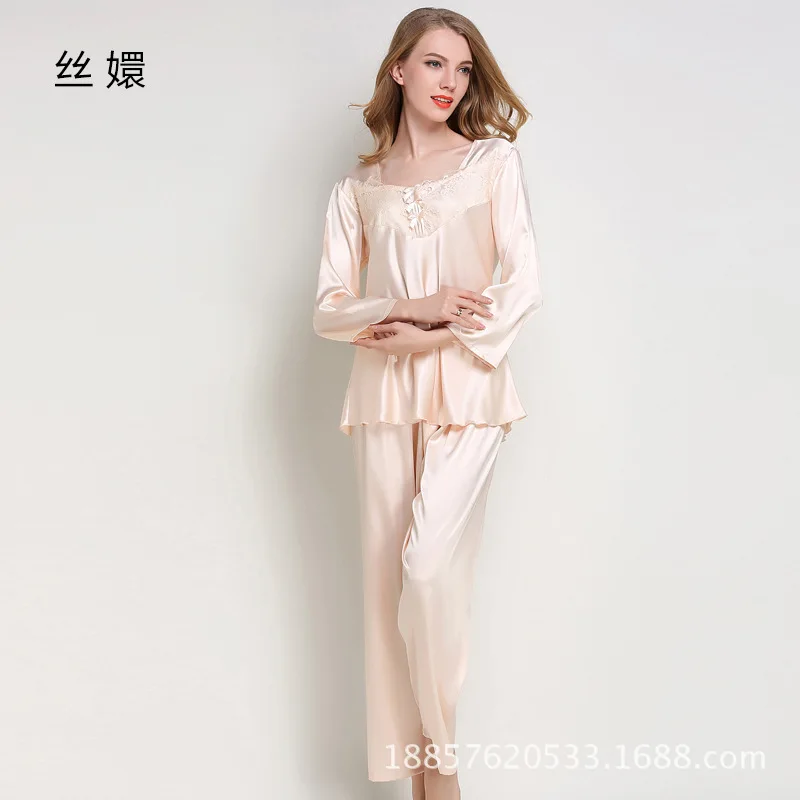 Spiring Autumn Women Ladies Sexy Flower Lace Satin Silk Pajamas Sets Long Sleeve Tops+Pants Sleepwear Femme Nightwear Pyjama | Женская