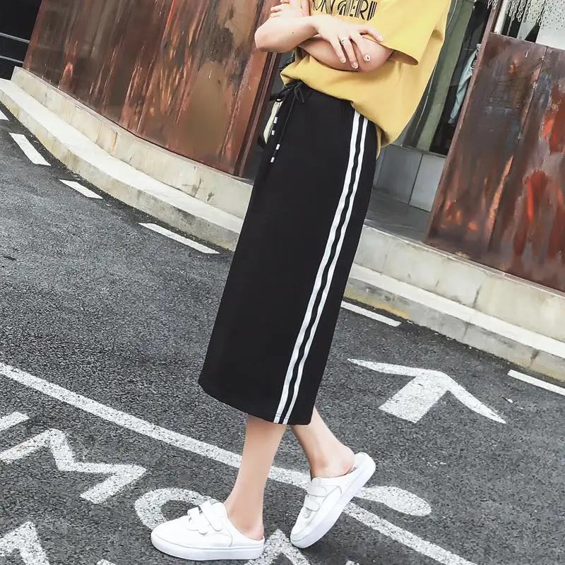 GUUZYUVIZ Осенняя Повседневная Длинная юбка в полоску Jupe Longue wrap Hip Basic Skirt женская зимняя черная юбка-карандаш Женская тонкая - Цвет: Белый