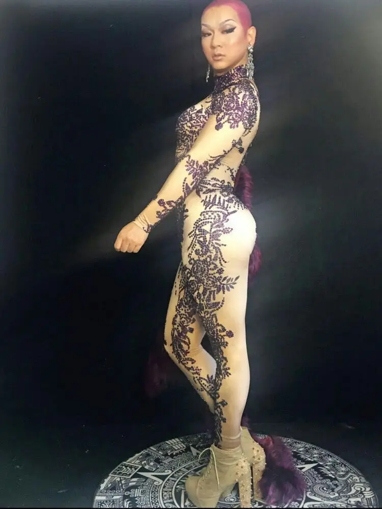 Сексуальные блестящие фиолетовые бриллиантовые трико с длинными рукавами для