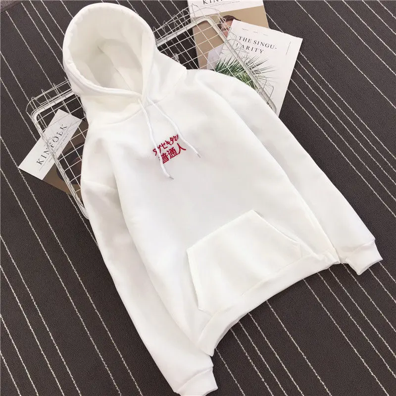 white hoodie Толстовка желтого цвета с китайскими надписями, Женская толстовка Poleron Mujer, Женская толстовка с вышитыми китайскими буквами, толстовка с кенгуру и карманом, 2xl - Цвет: white hoodie