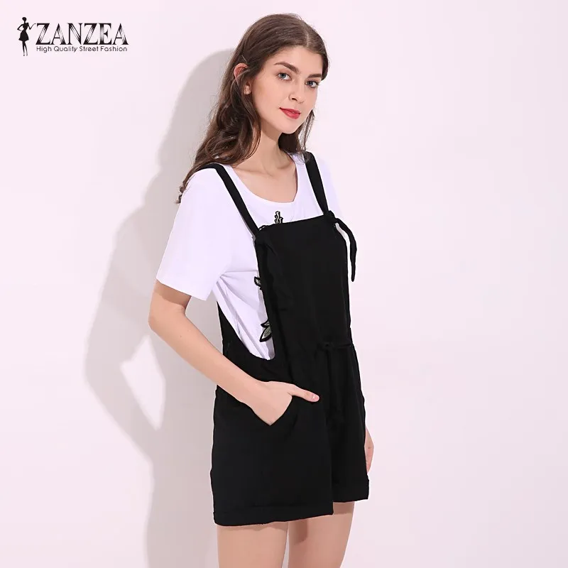 ZANZEA новые летние женские комбинезоны, повседневные свободные короткие комбинезоны с карманами, одноцветные Комбинезоны на бретелях размера плюс S-5XL
