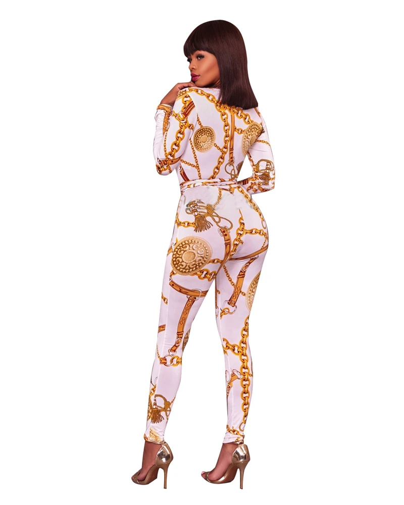 

Adogirl Fashion Gold Chain Print Plus Size Women Jumpsuits Sexy Plunging Deep V Neck Long Sleeve Bandage Rompers Ladies Overalls