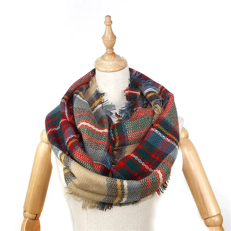 Зимний женский клетчатый шарф 2019 модные шарфы с кисточками и круглыми петлями