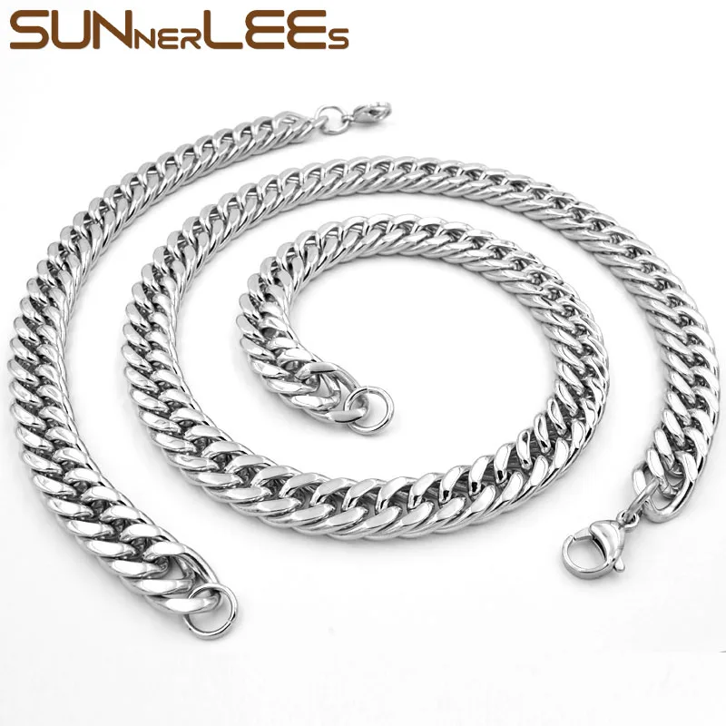 SUNNERLEES Fashion Jewelry Stainless Steel Necklace Bracelet Set 11mm Double Curb Cuban Link Chain For Mens Womens SC19 S | Украшения и